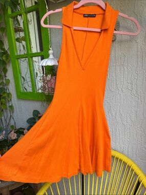 Zara Bright Orange V-Neck Collared Mini Dress